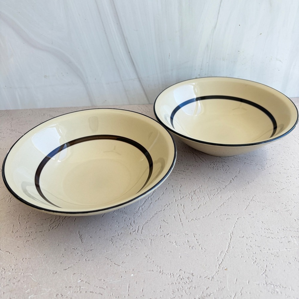 Vintage Strawberries Japan Stoneware Bowls Set of 2 Tan Brown Ring MCM 6.75 in
